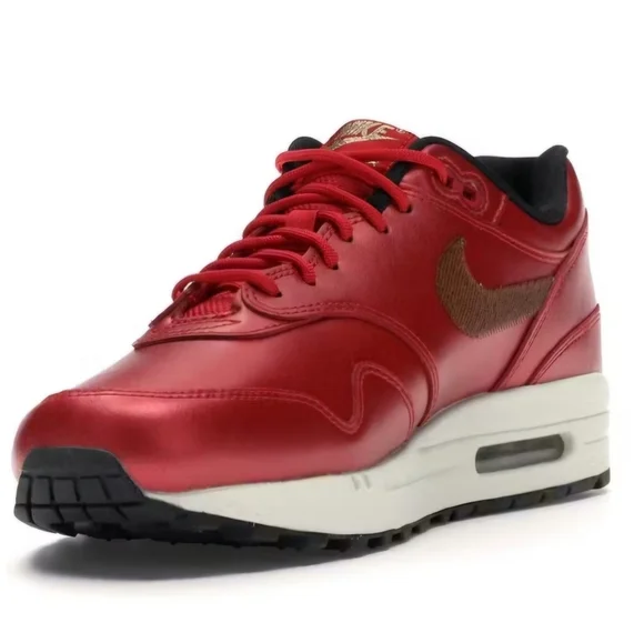 Women Nike Air Max 1 University Red Metallic Gold Sequin Sneackers CT1149-600 - Picture 2 of 10